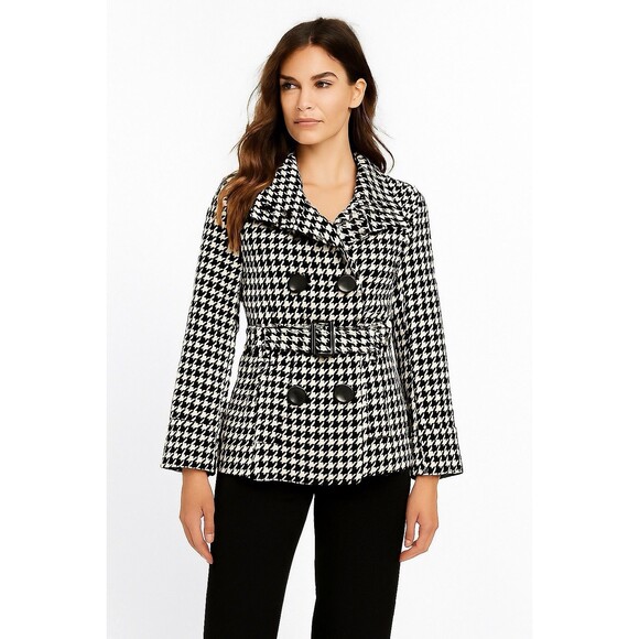 Guess Womens Houndstooth Wool Blend Lined Pea Coat 90's Small Preppy Clueless - Picture 1 of 13